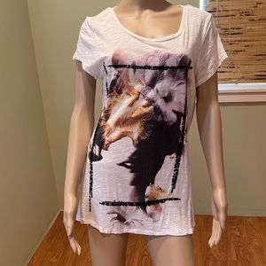 Express Graphic T-shirt White With Lady And Flowers Black Sequin Border  Size L